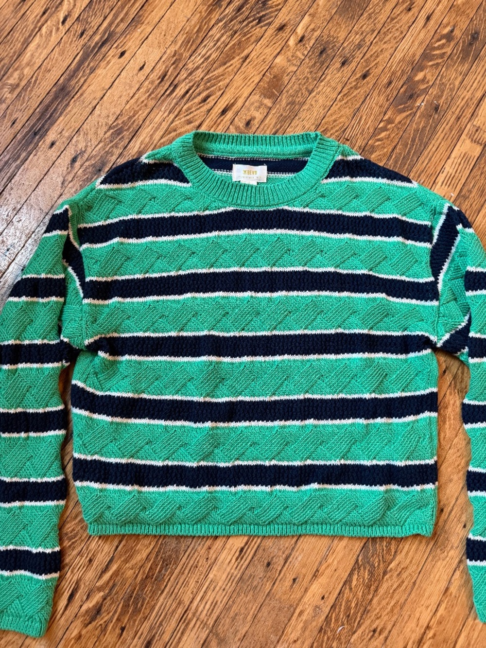 Anthro Maeve Green Stripe Cable Knit Cropped Sweater | XS